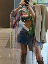 TARUXY Gestrickte Quasten Cover Ups Für Bademode Frauen Sexy Lose Regenbogen Hemd Mädchen Pullover Urlaub Mode Crop Pullover Femme